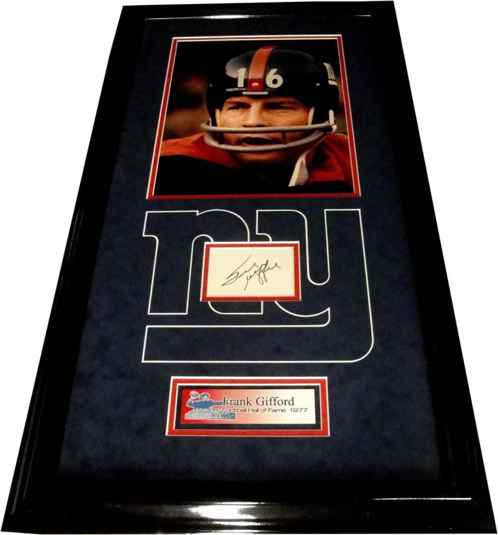 Framed Frank Gifford Signed Cut with Photograph Hall Of Fame Sports: Framed Frank Gifford Signed Cut with Photograph Hall Of Fame Sports Custom framed Frank Gifford signed cut display with photograph. This original memorabilia piece is pre-owned and authenticated by Ha