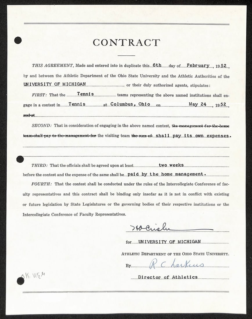Fritz Crisler Signed Michigan Football Contract PSA Authenticated: Fritz Crisler Signed Michigan Football Contract PSA Authenticated This item is an original contract signed by Fritz Crisler, the Hall of Fame head football coach for the University of Michigan. The co