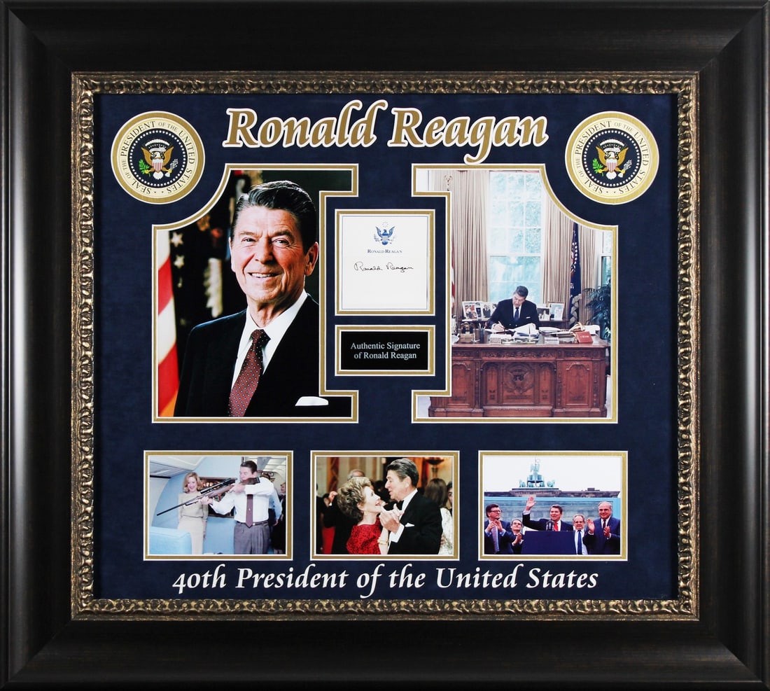Framed Ronald Reagan signed cut signature display 2x3.5 Beckett COA (1 of 3)