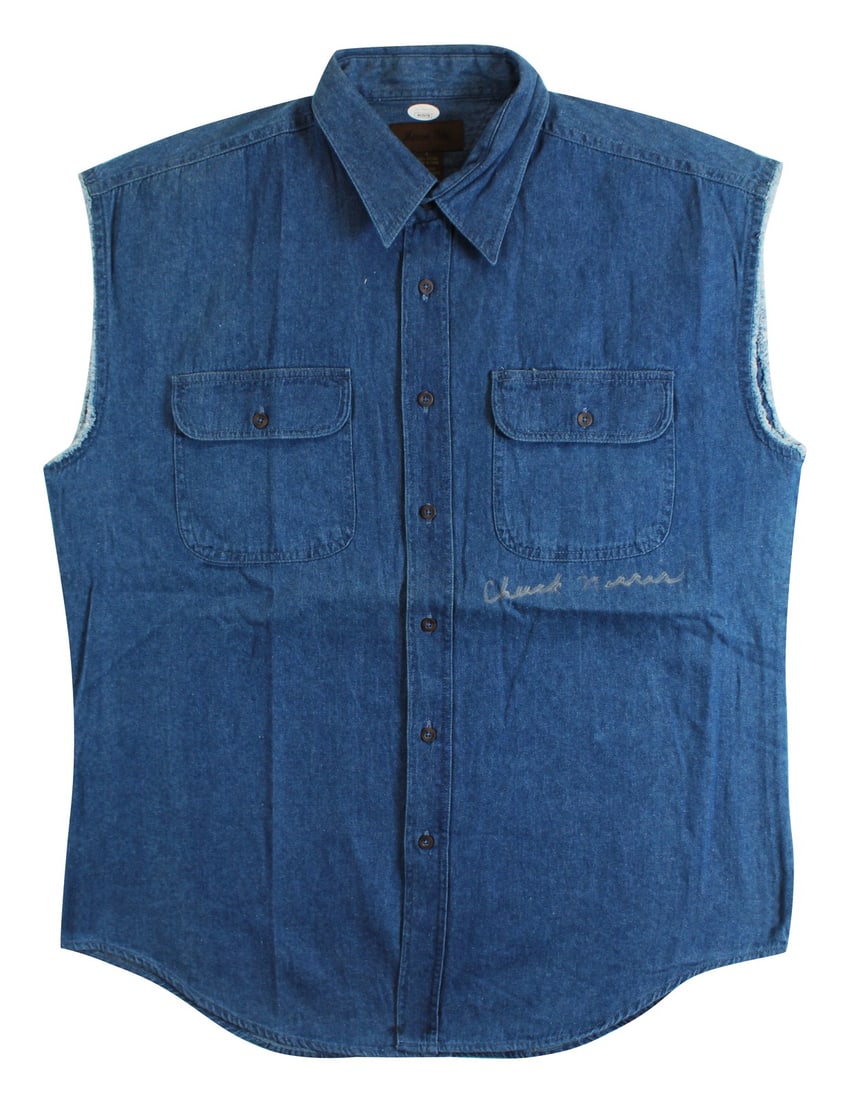 JSA Certified Chuck Norris Signed Marino Bay Denim Vest Walker Texas Ranger: JSA Certified Chuck Norris Signed Marino Bay Denim Vest Walker Texas Ranger Authentic signed Walker, Texas Ranger denim vest personally signed by Chuck Norris. This original piece is pre-owned and inc