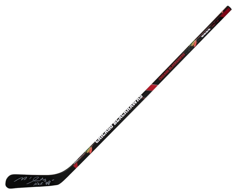 Signed 48In Franklin Hockey Stick Blackhawks Logo Michel Goulet HOF 98 COA: Signed 48In Franklin Hockey Stick Blackhawks Logo Michel Goulet HOF 98 COA Pre-owned original 48-inch Franklin full size hockey stick featuring the Chicago Blackhawks logo, signed by Michel Goulet and