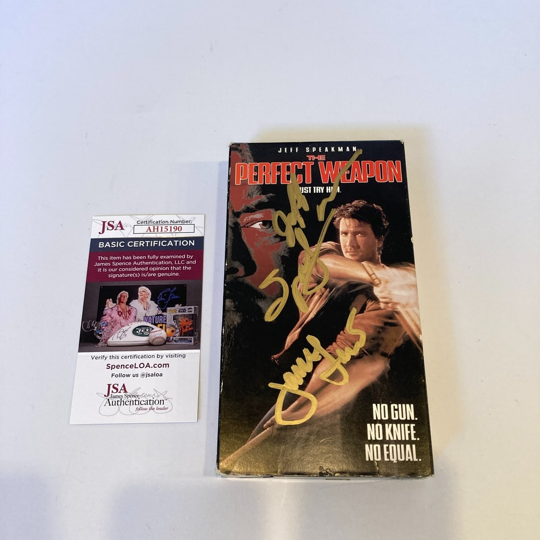 Vintage Perfect Weapon VHS Signed by Jeff Speakman Jason Lau JSA: Vintage Perfect Weapon VHS Signed by Jeff Speakman Jason Lau JSA Vintage VHS copy of The Perfect Weapon signed by Jeff Speakman and Jason Lau. This original piece comes with James Spence (JSA) autogra