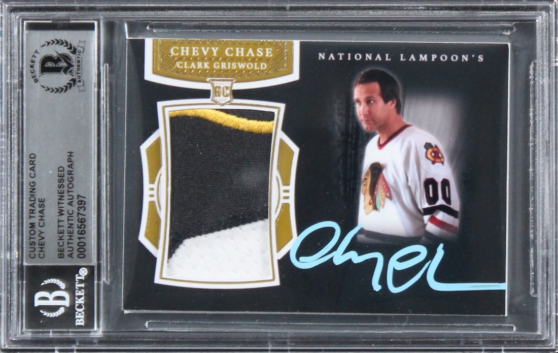 Chevy Chase autographed relic card 1 of 1 Beckett authenticated: Chevy Chase autographed relic card 1 of 1 Beckett authenticated One-of-one original signed relic card from National Lampoon's Christmas Vacation, personally signed by Chevy Chase. The card is slabbed 