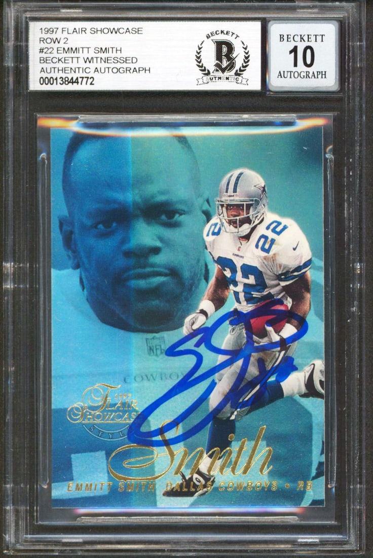 Emmitt Smith 1997 Flair Showcase Row 2 22 Autographed Card BAS Gem Mint 10: Emmitt Smith 1997 Flair Showcase Row 2 22 Autographed Card BAS Gem Mint 10 Autographed 1997 Flair Showcase Row 2 #22 card signed by Emmitt Smith of the Dallas Cowboys. The card is slabbed and authenti