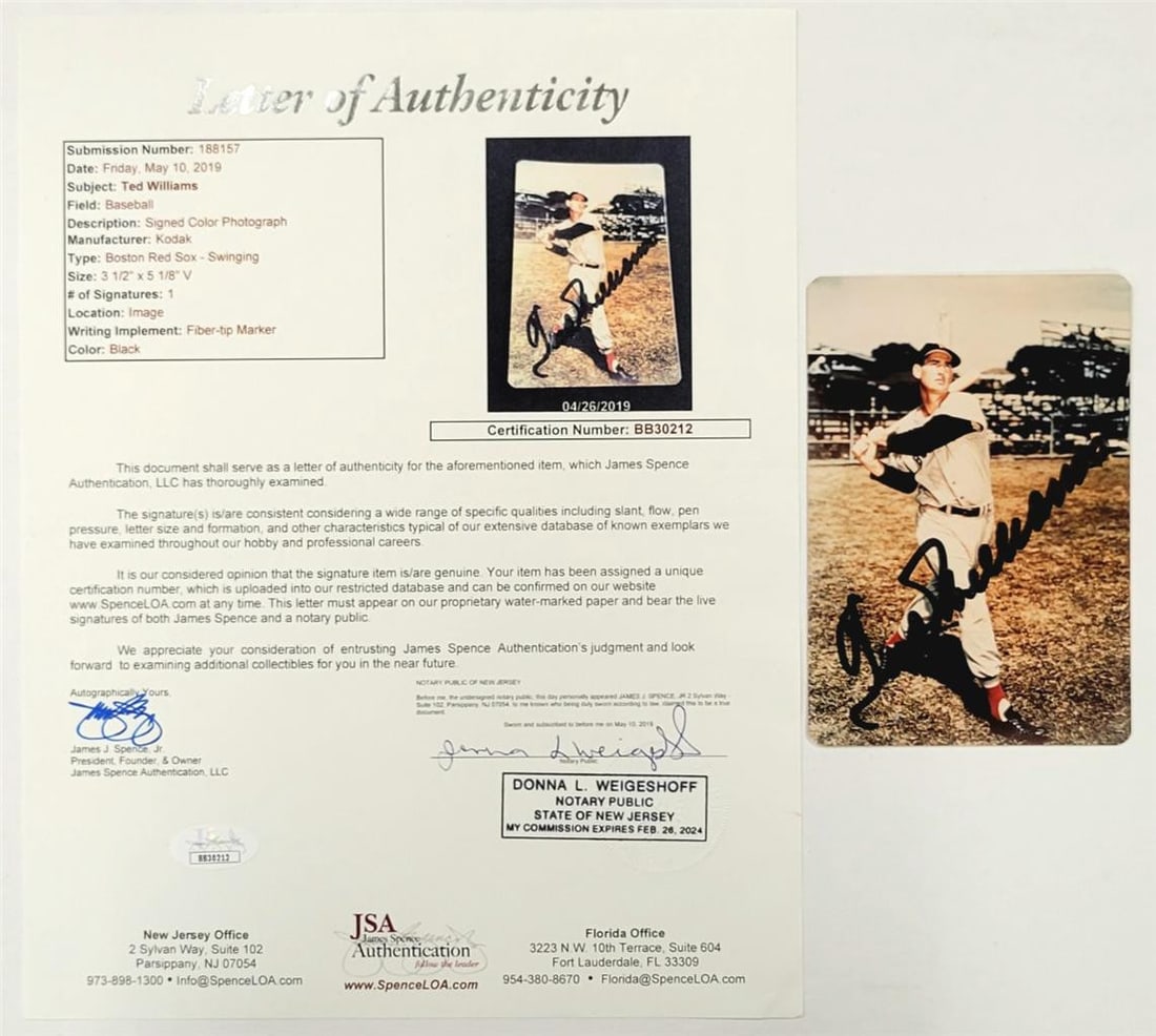 Original 3x5 Ted Williams autographed Boston Red Sox photo JSA: Original 3x5 Ted Williams autographed Boston Red Sox photo JSA Original signed Ted Williams photo featuring the Boston Red Sox. This baseball collectible includes James Spence Authentication (JSA) and