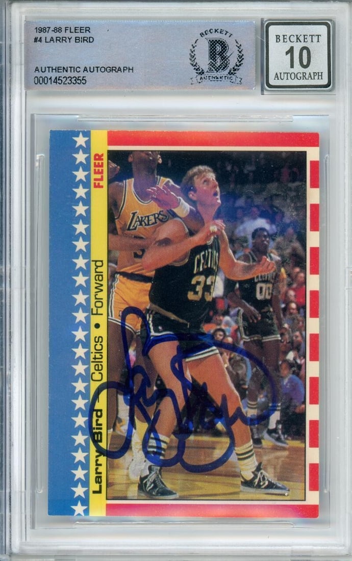 Larry Bird Signed 1987-88 Fleer Sticker 4 BGS 10 Celtics: Larry Bird Signed 1987-88 Fleer Sticker 4 BGS 10 Celtics Vintage 1987-88 Fleer Sticker #4 sports trading card featuring Larry Bird of the Boston Celtics. This basketball collectible is hand signed and