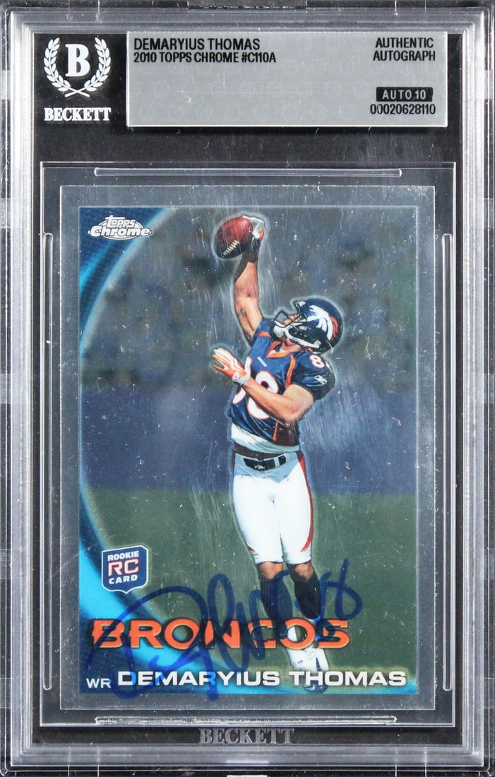 Beckett authenticated Demaryius Thomas 2010 Topps Chrome rookie autograph card: Beckett authenticated Demaryius Thomas 2010 Topps Chrome rookie autograph card Autographed 2010 Topps Chrome #C110A rookie card signed by Demaryius Thomas of the Denver Broncos. The card is an origina