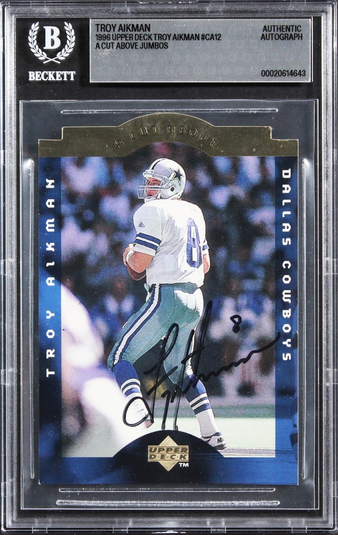 Troy Aikman autographed 1996 Upper Deck A Cut Above Jumbo 5x7 card BAS: Troy Aikman autographed 1996 Upper Deck A Cut Above Jumbo 5x7 card BAS Original 1996 Upper Deck A Cut Above Jumbos #CA12 5x7 card signed by Troy Aikman of the Dallas Cowboys. The card is slabbed and a