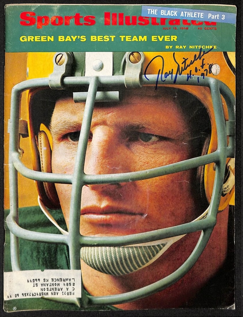 PSA 212921 Ray Nitschke HOF Autographed 1968 Sports Illustrated Photo: PSA 212921 Ray Nitschke HOF Autographed 1968 Sports Illustrated Photo Original 1968 Sports Illustrated photo featuring Ray Nitschke of the Packers, signed and autographed. A football collectible from 