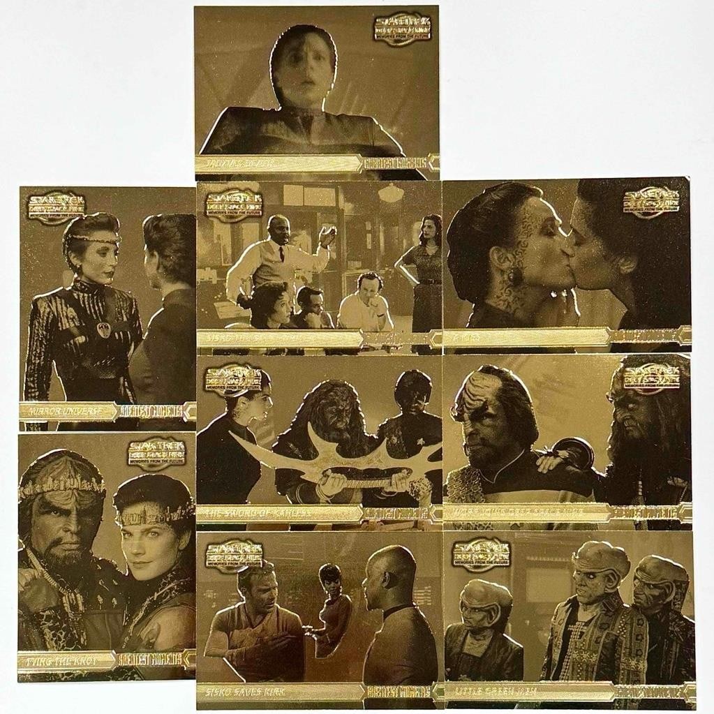 1999 Fleer SkyBox Star Trek Deep Space Nine Greatest Moments Gold Card Set: 1999 Fleer SkyBox Star Trek Deep Space Nine Greatest Moments Gold Card Set Limited edition 9-card Greatest Moments Gold Set from Star Trek: Deep Space Nine, issued as part of the Memories from the Fut