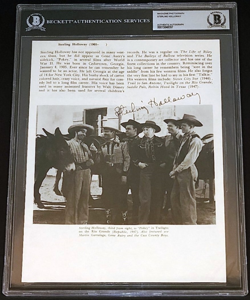 Sterling Holloway Autographed Twilight On The Rio Grande Photo Beckett Authenticated: Sterling Holloway Autographed Twilight On The Rio Grande Photo Beckett Authenticated This is an original photograph signed by Sterling Holloway, featuring a scene from "Twilight On The Rio Grande" wit