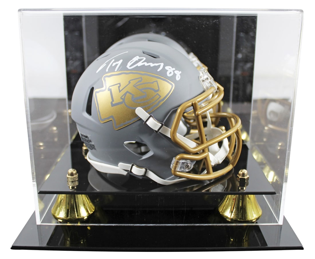 Tony Gonzalez autographed Chiefs slate mini helmet with acrylic case BAS: Tony Gonzalez autographed Chiefs slate mini helmet with acrylic case BAS Autographed alternate slate speed mini helmet personally signed by Tony Gonzalez of the Kansas City Chiefs. It includes a UV mi