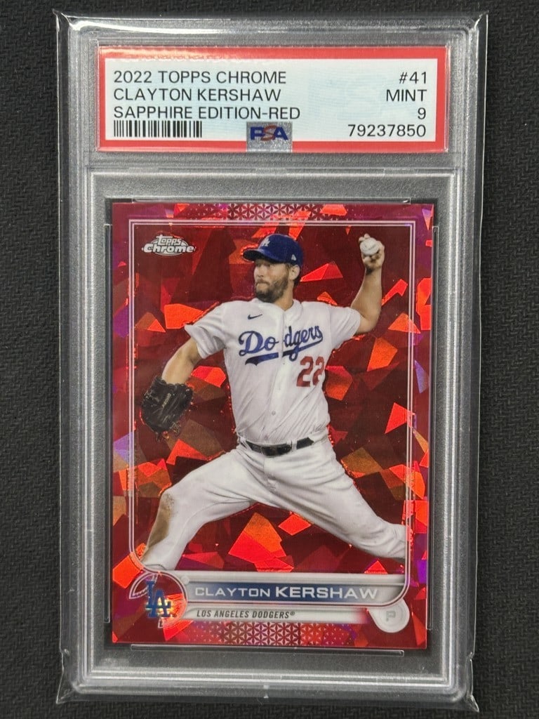 Clayton Kershaw 2022 Topps Chrome Red Sapphire Refractor PSA 9 #41: Clayton Kershaw 2022 Topps Chrome Red Sapphire Refractor PSA 9 #41 This 2022 Topps Chrome Red Sapphire Refractor features Clayton Kershaw, a standout player for the Los Angeles Dodgers. Graded a PSA 9