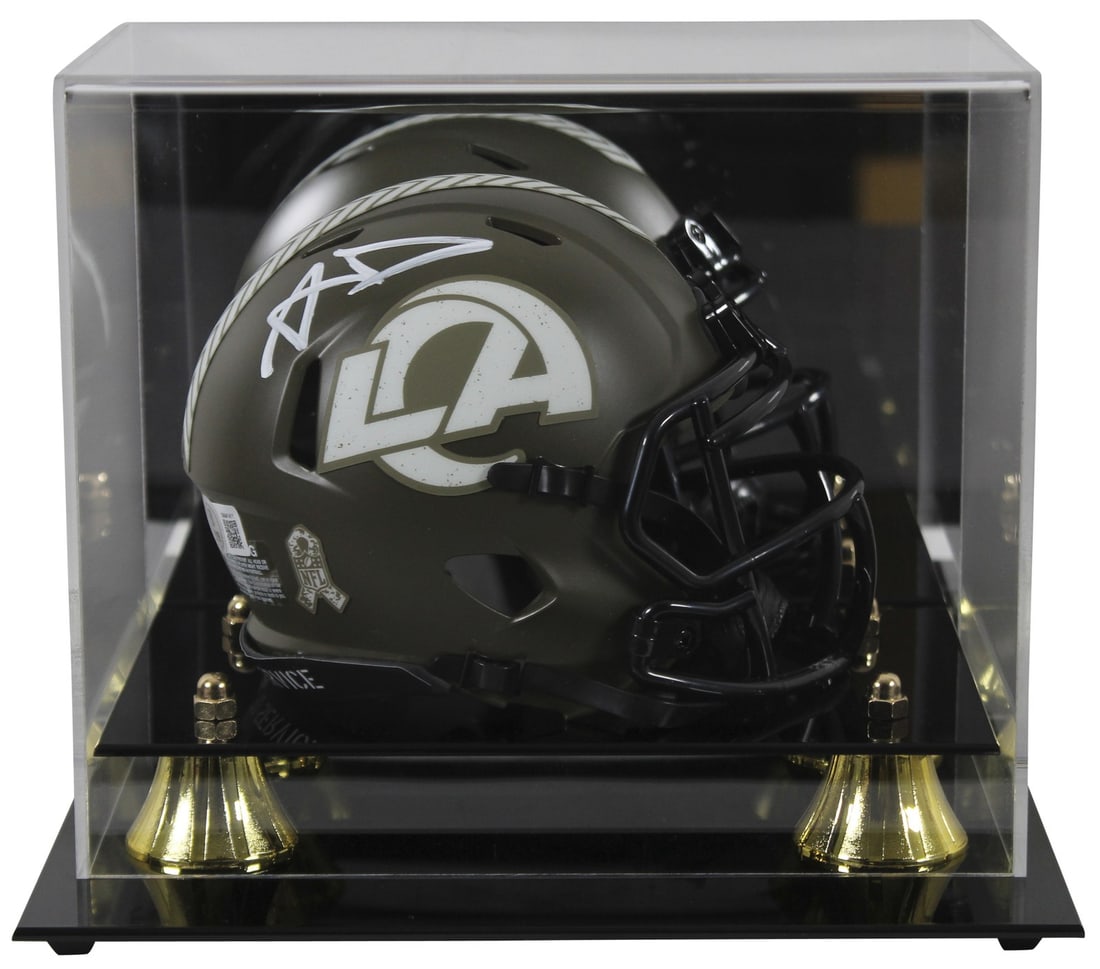 Aaron Donald autographed Rams Salute to Service mini helmet with Beckett case: Aaron Donald autographed Rams Salute to Service mini helmet with Beckett case Autographed Los Angeles Rams alternate Salute To Service Speed mini helmet personally signed by Aaron Donald. It includes 