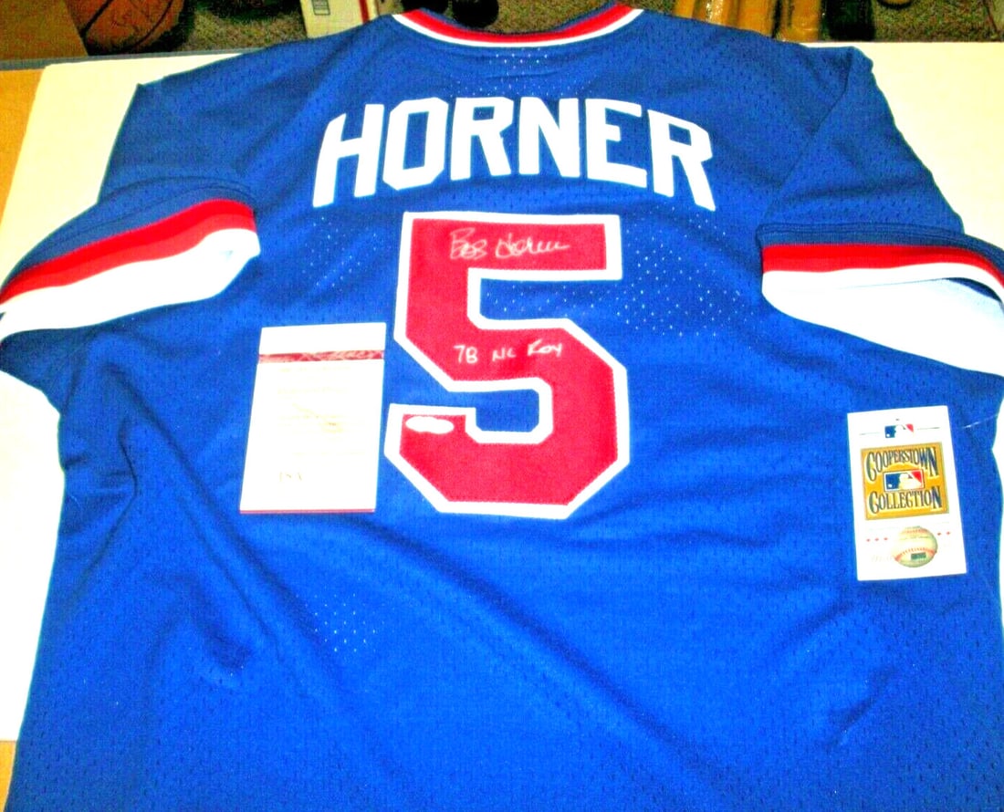 Signed Mitchell and Ness Bob Horner Atlanta Braves Jersey JSA COA: Signed Mitchell and Ness Bob Horner Atlanta Braves Jersey JSA COA Officially licensed Mitchell & Ness Atlanta Braves jersey signed by Bob Horner. This original collectible baseball autograph item is a