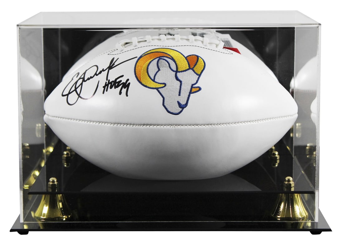 Eric Dickerson Signed Rams Logo Football With HOF 99 Inscription and Display Case BAS: Eric Dickerson Signed Rams Logo Football With HOF 99 Inscription and Display Case BAS This is an original Wilson white panel logo football featuring the St. Louis Rams logo, personally signed by Eric 