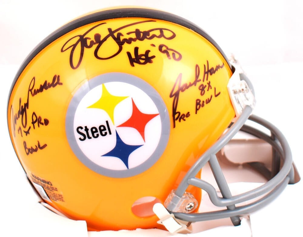 Pittsburgh Steelers Mini Helmet Signed by Lambert Ham Russell BAS Hologram: Pittsburgh Steelers Mini Helmet Signed by Lambert Ham Russell BAS Hologram Pre-owned Pittsburgh Steelers mini helmet autographed by Ham Lambert Russell. Includes Beckett Authentication Services (BAS) 