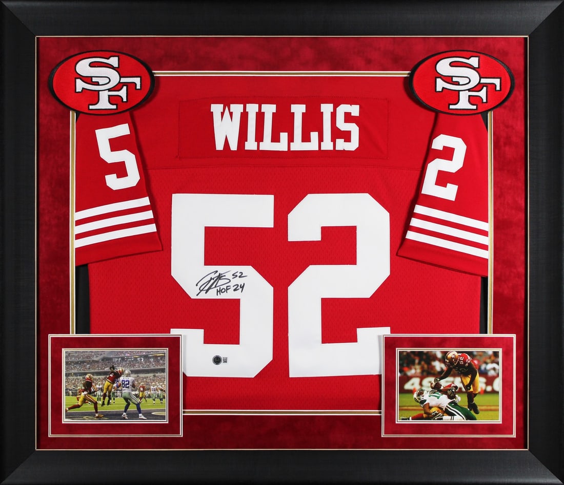 Framed Patrick Willis Signed Red Jersey With HOF 24 Inscription BAS Witnessed: Framed Patrick Willis Signed Red Jersey With HOF 24 Inscription BAS Witnessed This framed red Mitchell & Ness jersey has been personally signed by Patrick Willis of the San Francisco 49ers, featuring 