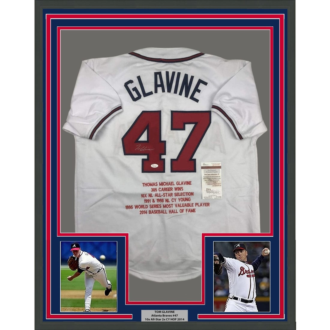 Tom Glavine autographed Atlanta Braves framed white jersey 35x39 JSA: Tom Glavine autographed Atlanta Braves framed white jersey 35x39 JSA Professionally framed and matted signed Tom Glavine Atlanta Braves stat jersey display. This original baseball collectible features