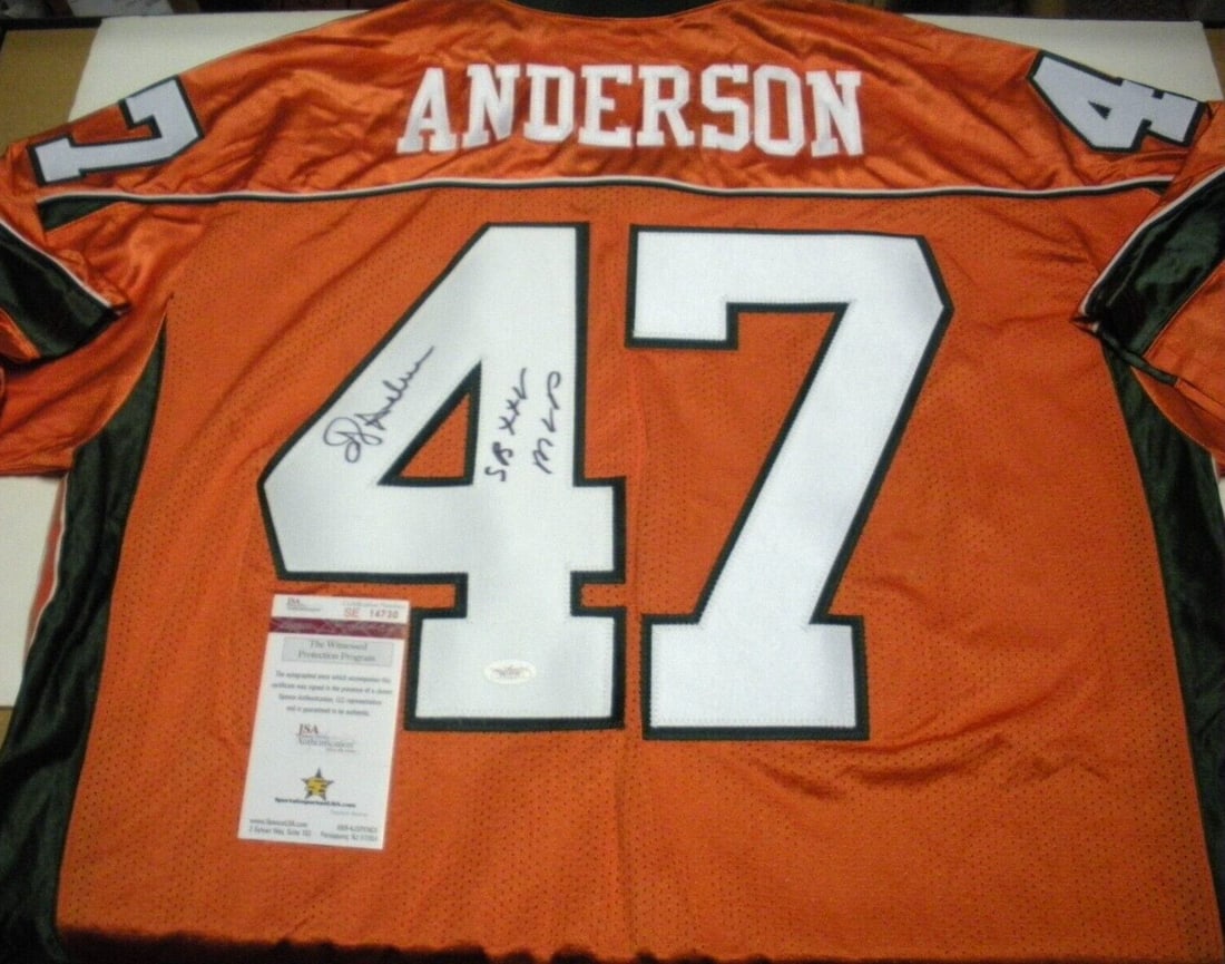 O.J. Anderson Signed Miami Hurricanes Adidas Jersey JSA COA: O.J. Anderson Signed Miami Hurricanes Adidas Jersey JSA COA Showcase your support for the Miami Hurricanes with this official licensed Adidas jersey signed by OJ Anderson. This pre-owned jersey featur
