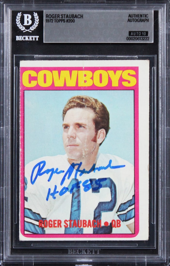 Roger Staubach 1972 Topps 200 autographed card HOF 85 Beckett authenticated: Roger Staubach 1972 Topps 200 autographed card HOF 85 Beckett authenticated Original 1972 Topps #200 football card personally signed by Roger Staubach and inscribed "HOF 85." The autograph has receive