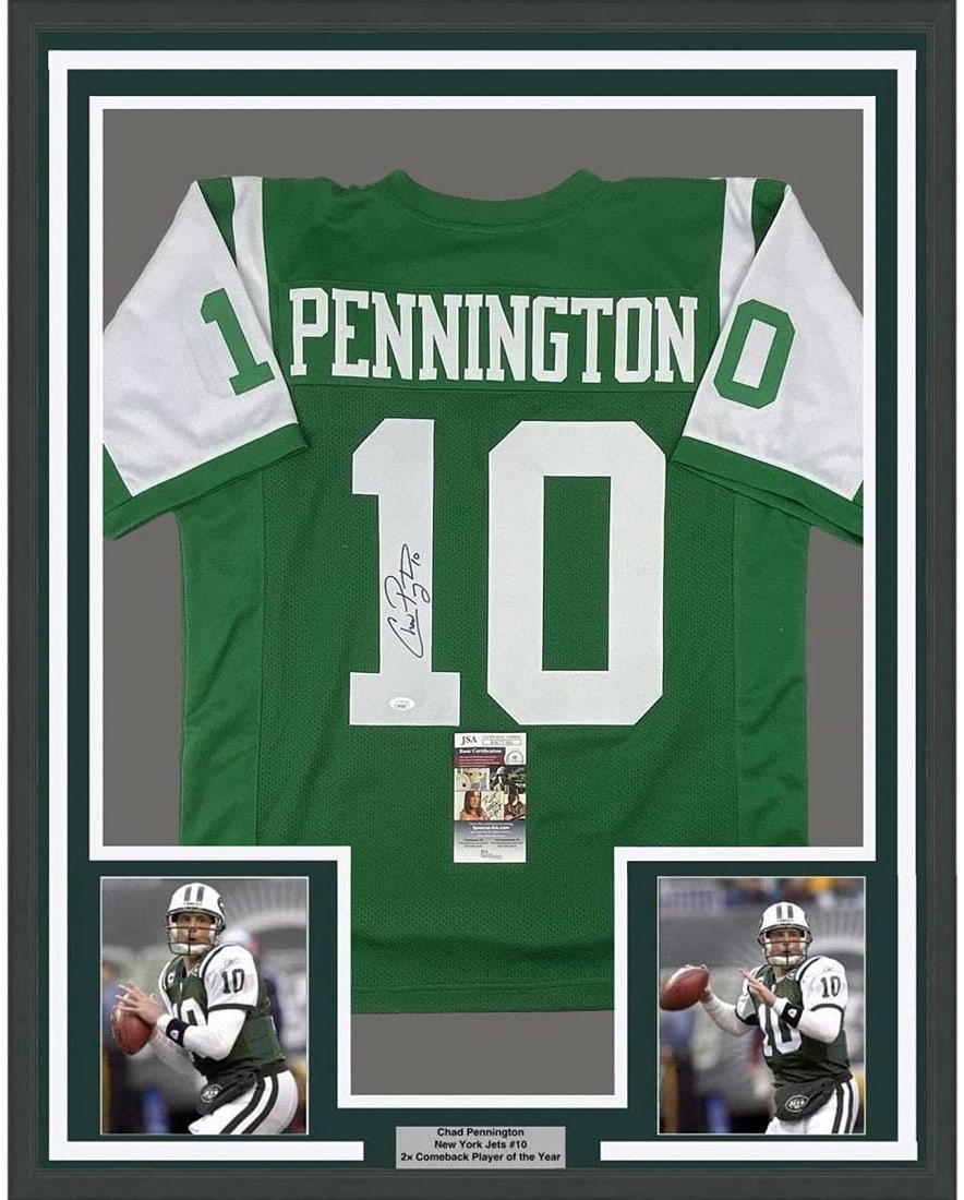35x39 Framed Chad Pennington Signed New York Jets Jersey JSA: 35x39 Framed Chad Pennington Signed New York Jets Jersey JSA Professionally framed and matted signed Chad Pennington New York Jets jersey display with two 5x7 photos. This original football collectibl