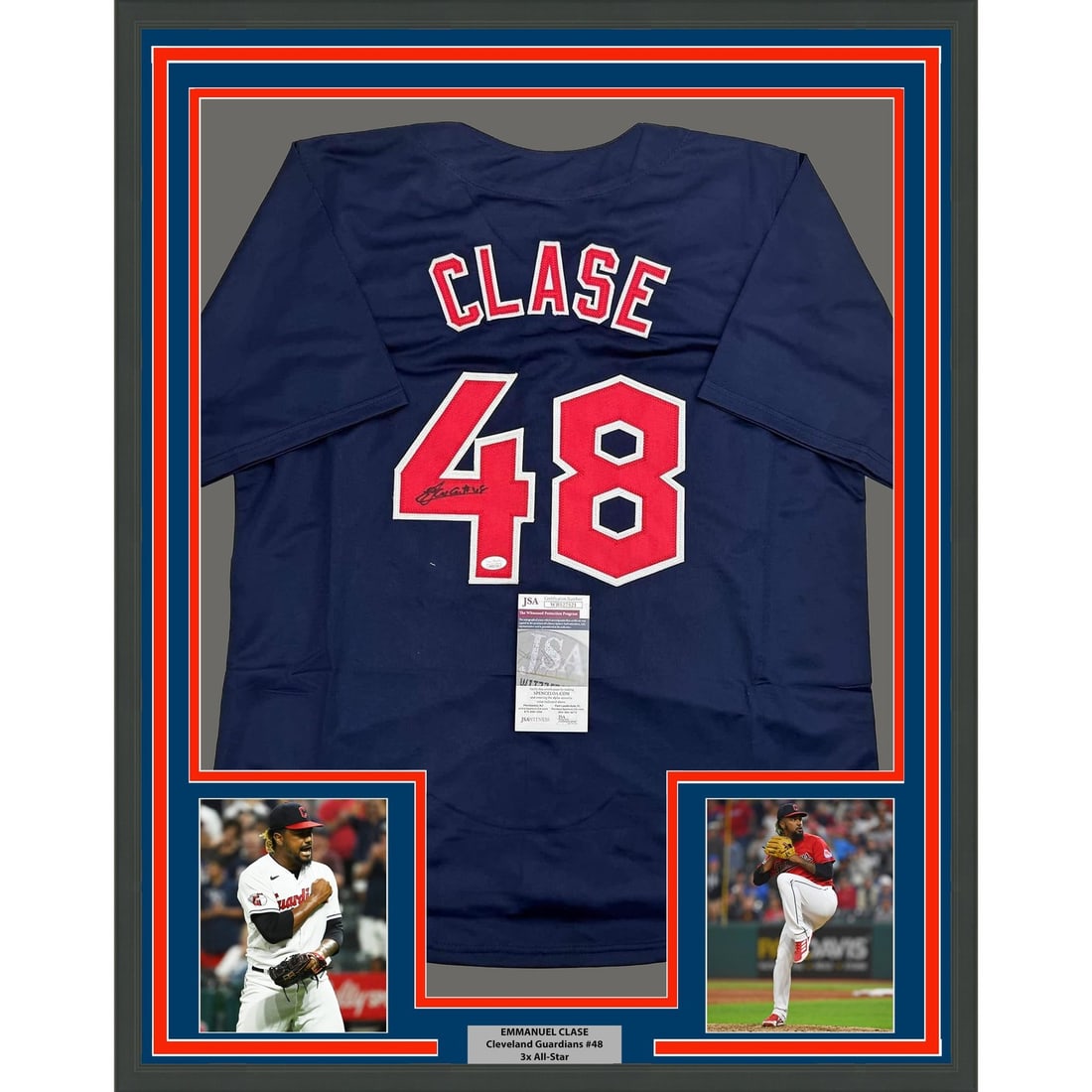 Emmanuel Clase Autographed Framed Cleveland Guardians Blue Jersey JSA 35x39 (1 of 2)