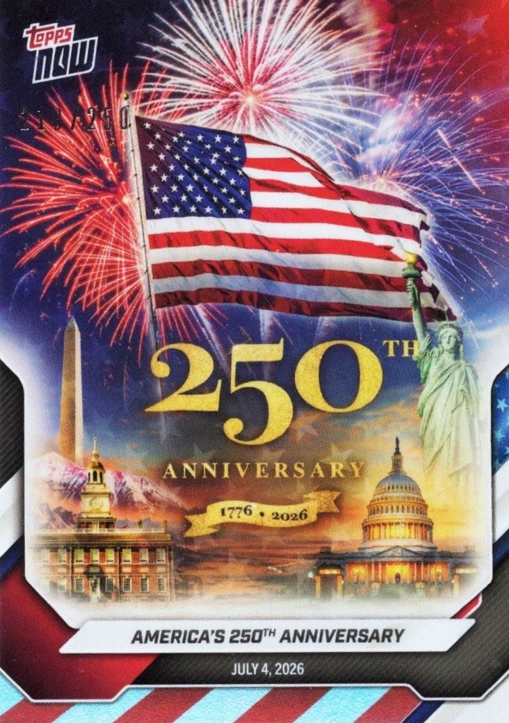 Topps Now A250 America trading card Red White and Blue Flag Foil: Topps Now A250 America trading card Red White and Blue Flag Foil 2026 Topps Now America memorabilia card featuring the Red White & Blue Foil parallel, numbered /250. This pre-owned sports trading card
