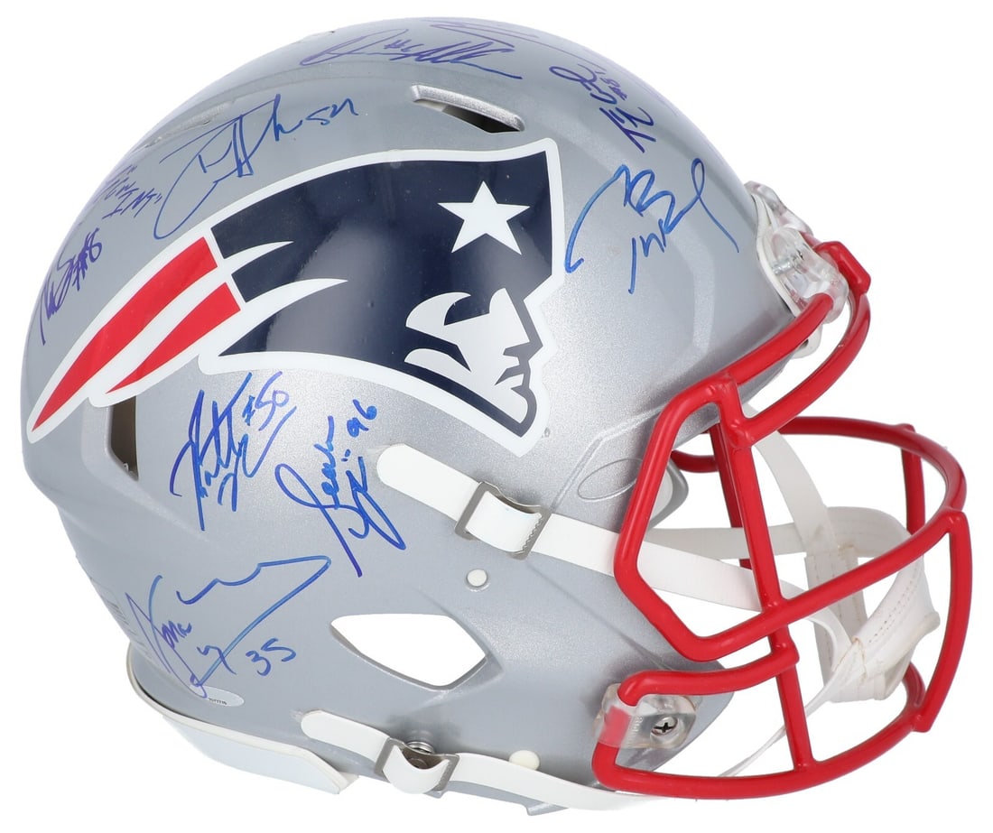 23-Signature Patriots Pro Line Helmet Tom Brady Fanatics Steiner: 23-Signature Patriots Pro Line Helmet Tom Brady Fanatics Steiner Full-size New England Patriots Pro Line helmet signed by Tom Brady and 23 members of the 2014 Super Bowl championship team. Notable sig