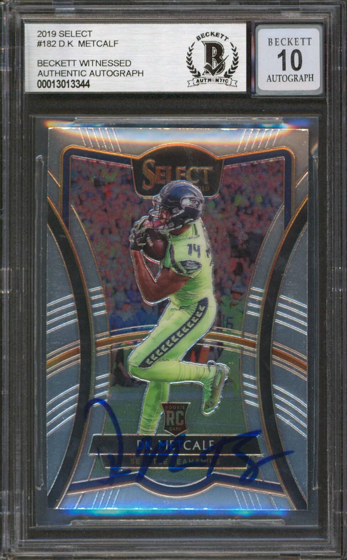 DK Metcalf Autographed 2019 Select Rookie Card #182 Gem Mint 10 BAS Authenticated: DK Metcalf Autographed 2019 Select Rookie Card #182 Gem Mint 10 BAS Authenticated This 2019 Select #182 Rookie Card features DK Metcalf of the Seattle Seahawks and has been personally signed by the pl