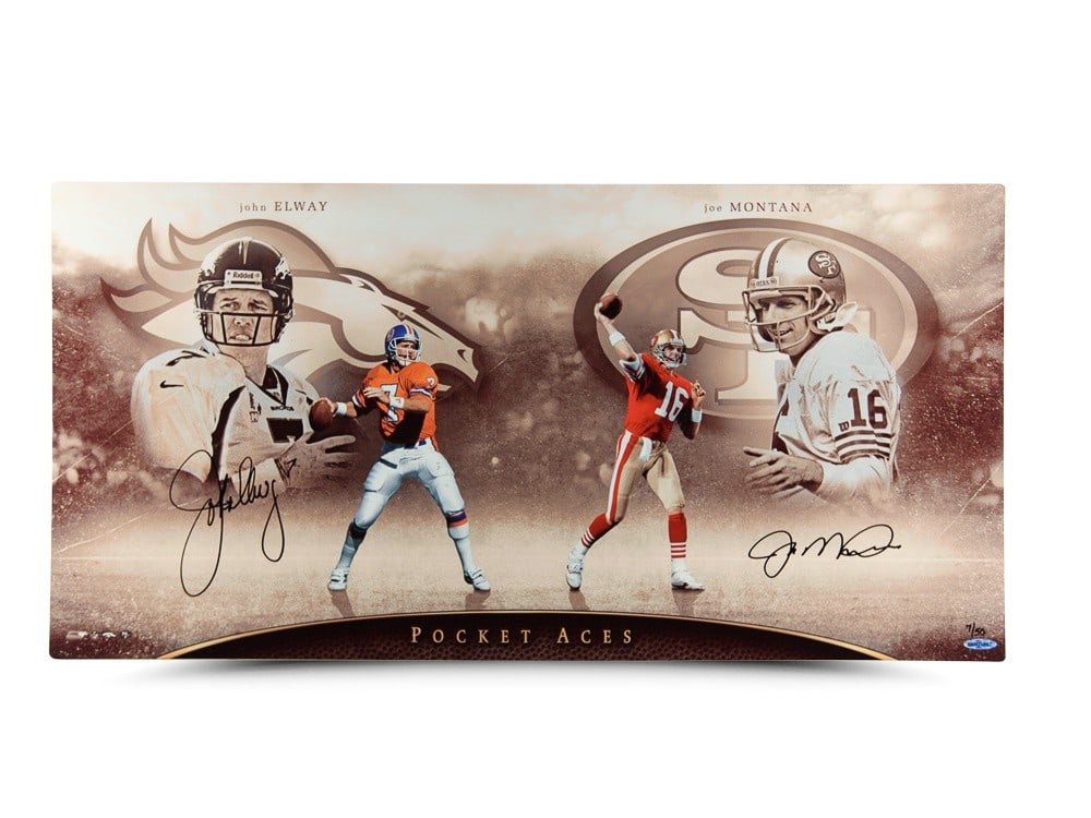 Upper Deck authenticated dual signed aluminum photo Joe Montana John Elway 30X15: Upper Deck authenticated dual signed aluminum photo Joe Montana John Elway 30X15 Limited-edition original aluminum print featuring Joe Montana and John Elway, dual autographed and numbered to 50. This