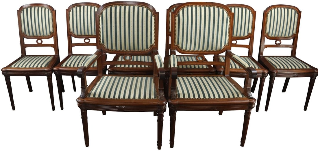 Elegant Antique Mahogany Dining Chairs Set of 8 Louis XVI Style: Elegant Antique Mahogany Dining Chairs Set of 8 Louis XVI Style This elegant set of 8 antique mahogany dining chairs showcases the timeless Louis XVI style, combining classic design with exceptional c