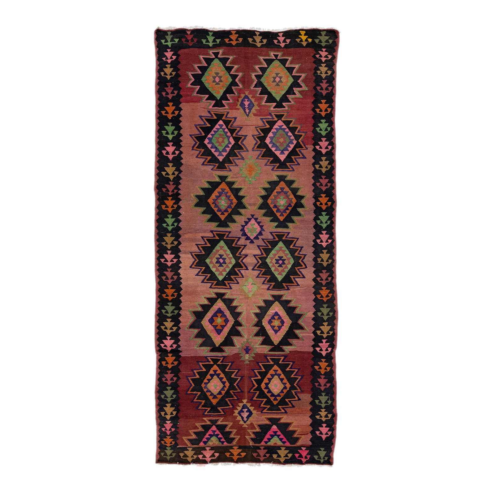Vintage Turkish Kilim Red Wool Tribal Runner 5'3 x 12'6: Vintage Turkish Kilim Red Wool Tribal Runner 5'3 x 12'6 This stunning mid-20th century Turkish Kilim rug is a handmade wool runner featuring a vibrant brick red field. The design showcases an all-over
