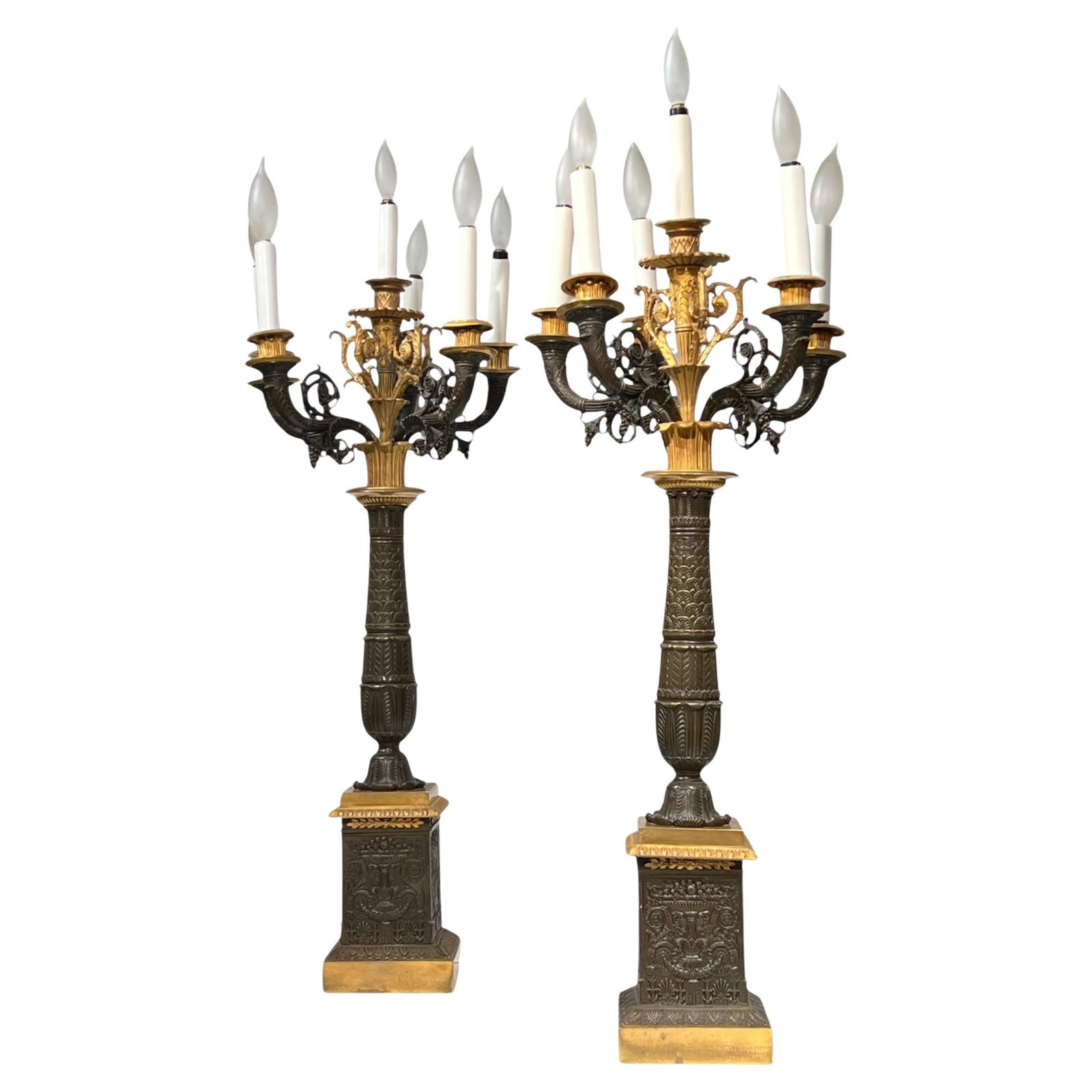 Set of Two French Empire Style Gilt Patinated Bronze Candelabra Lamps: Set of Two French Empire Style Gilt Patinated Bronze Candelabra Lamps Pair of large late 19th century French Empire style candelabra lamps crafted from patinated and gilt bronze. Each lamp features si