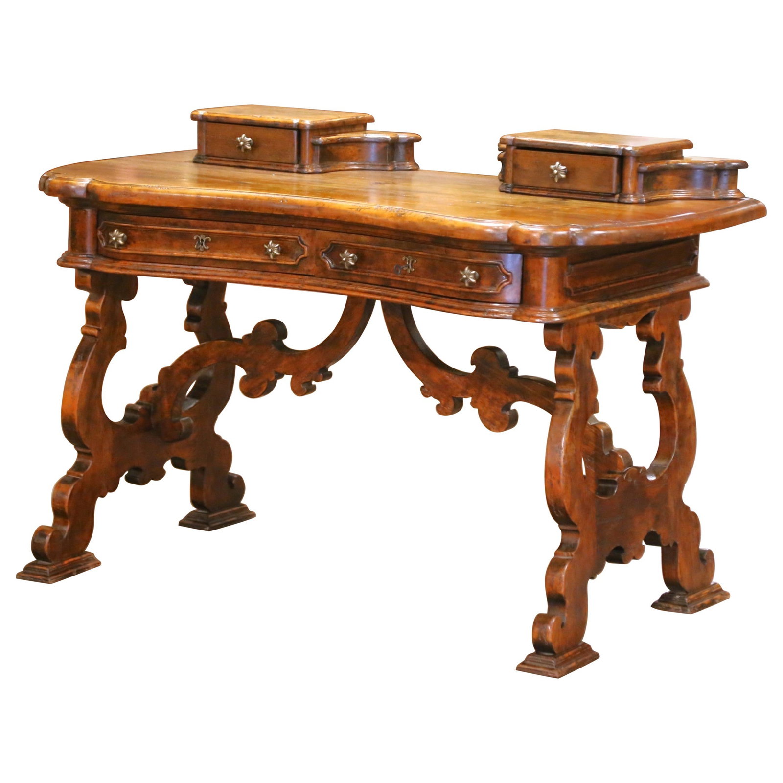 Spanish Louis XIII Walnut Writing Desk with Trestle Base c 1860: Spanish Louis XIII Walnut Writing Desk with Trestle Base c 1860 Antique Spanish writing desk with a sculptural serpentine form and hand-carved walnut construction. Made circa 1860, this piece features