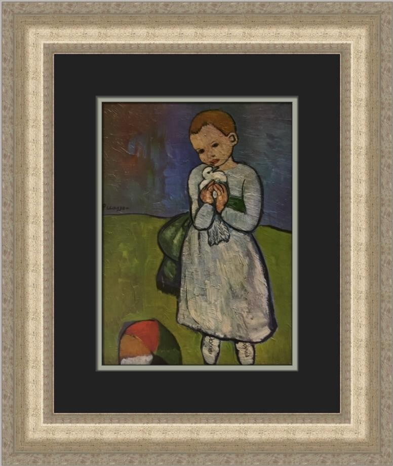 Pablo Picasso A Child Holding A Dove Custom Framed Art Print: Pablo Picasso A Child Holding A Dove Custom Framed Art Print This custom framed print by Pablo Picasso, titled "A Child Holding A Dove," is a beautiful representation of Expressionism and Impressionis