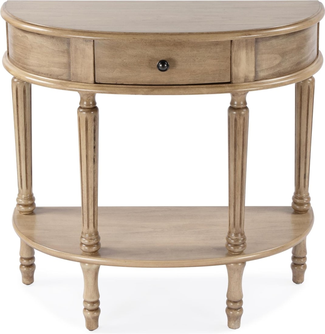 Butler Mozart Demilune Console Table Beige Finish: Butler Mozart Demilune Console Table Beige Finish Introducing the Exquisite Butler Mozart Demilune Console Table, a stunning piece crafted in a vintage-inspired style. This console table showcases a c