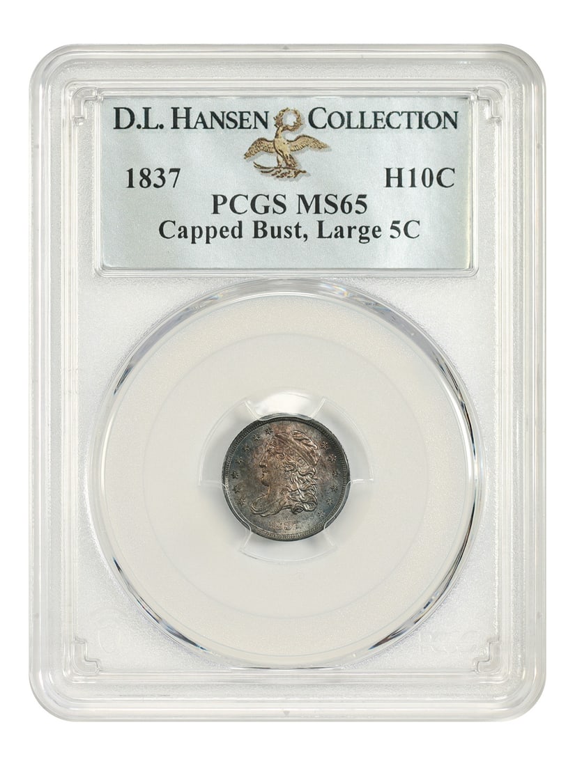 1837 Capped Bust Half Dime H10C PCGS MS65 Large 5C ex D.L. Hansen: 1837 Capped Bust Half Dime H10C PCGS MS65 Large 5C ex D.L. Hansen 1837 Capped Bust Half Dime graded PCGS MS65, Large 5C variety, ex: D.L. Hansen. This uncirculated example comes from a mintage of 871,