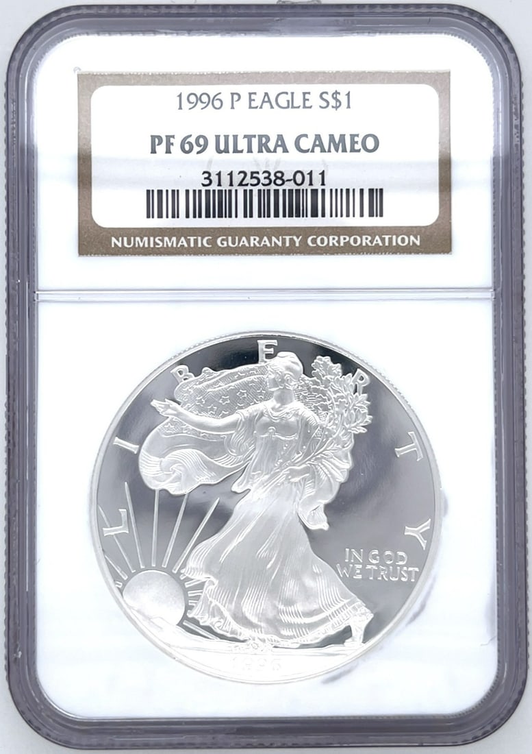 NGC PF 69 Ultra Cameo 1996-P American Silver Eagle Proof Dollar: NGC PF 69 Ultra Cameo 1996-P American Silver Eagle Proof Dollar 1996-P American Silver Eagle Proof S$1 certified by NGC as PF 69 Ultra Cameo. This pre-owned coin is struck in 0.999 fine silver and con