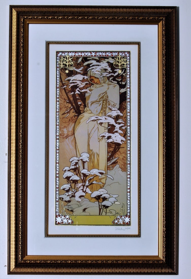 Framed signed giclee print The Seasons Winter 1900 by Alphonse Mucha: Framed signed giclee print The Seasons Winter 1900 by Alphonse Mucha Limited edition giclee print of The Seasons: Winter (1900) after Alphonse Mucha, presented matted and framed. This single-piece wor