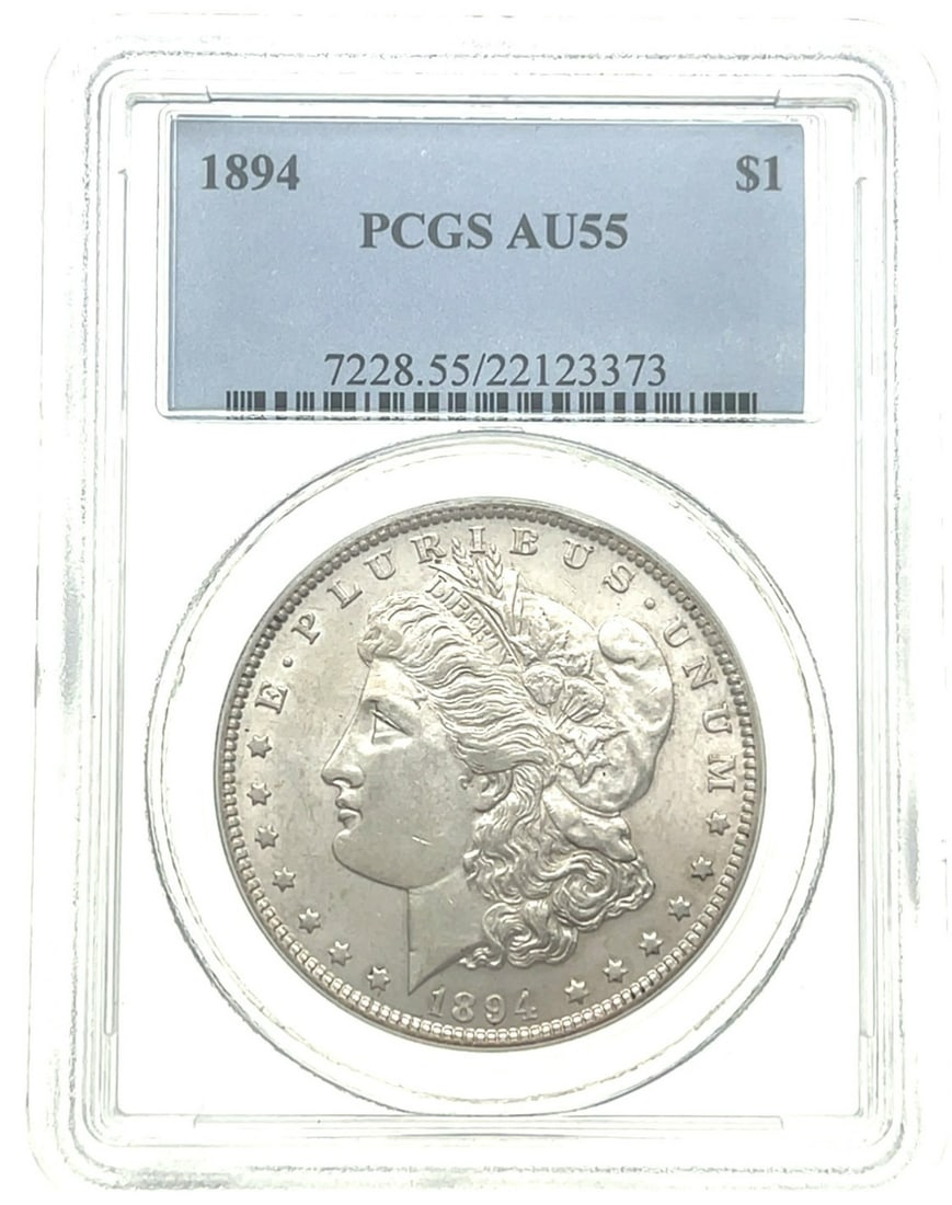 PCGS AU55 1894 Morgan Silver Dollar Philadelphia $1 Coin: PCGS AU55 1894 Morgan Silver Dollar Philadelphia $1 Coin 1894 Morgan Silver Dollar graded AU55 by PCGS. This United States $1 coin features a nice strike and is listed as uncirculated. Pre-owned. Spec