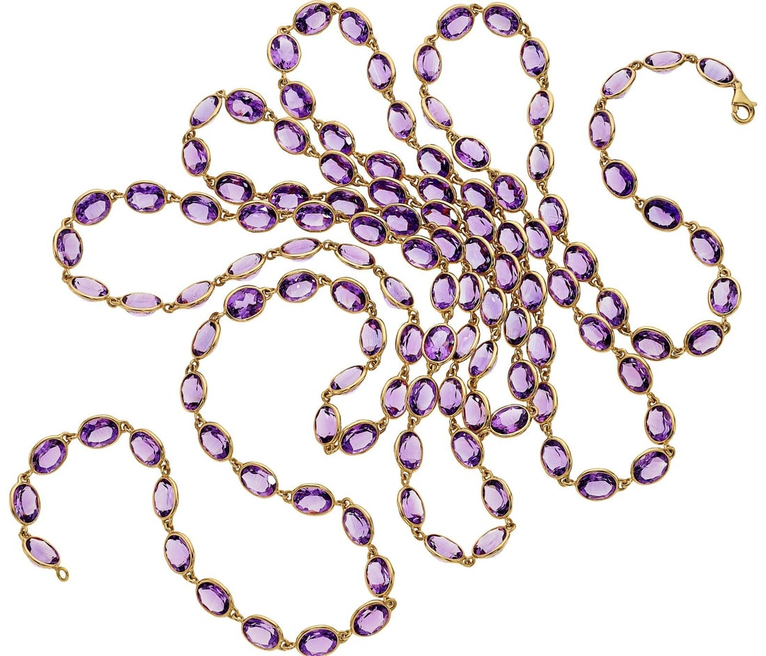 Unbranded 18k Rose Gold Amethyst Beaded Necklace 70in 240ct: Unbranded 18k Rose Gold Amethyst Beaded Necklace 70in 240ct A pre-owned beaded necklace featuring 240.00 carats of oval-shaped amethyst in a purple hue, crafted in 18k rose gold. This long necklace ha