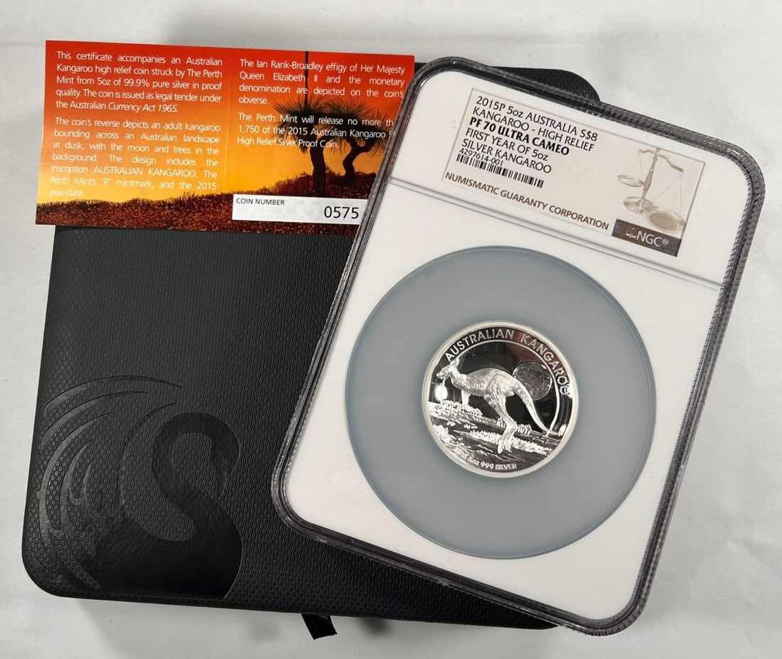 Australia 2015-P 5 oz Silver Kangaroo S$8 NGC PF70 UC with Box CoA: Australia 2015-P 5 oz Silver Kangaroo S$8 NGC PF70 UC with Box CoA 2015-P Australia 5 oz silver S$8 High Relief Kangaroo coin, struck in proof format and graded NGC PF70 Ultra Cameo. This first year 5