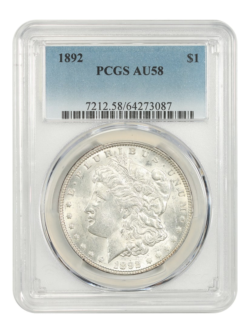 1892 Philadelphia Morgan Silver Dollar PCGS AU58 Certified: 1892 Philadelphia Morgan Silver Dollar PCGS AU58 Certified 1892 Morgan Dollar graded PCGS AU58. This circulated, pre-owned coin is a better-date Philadelphia Mint issue and a popular date in the Morga