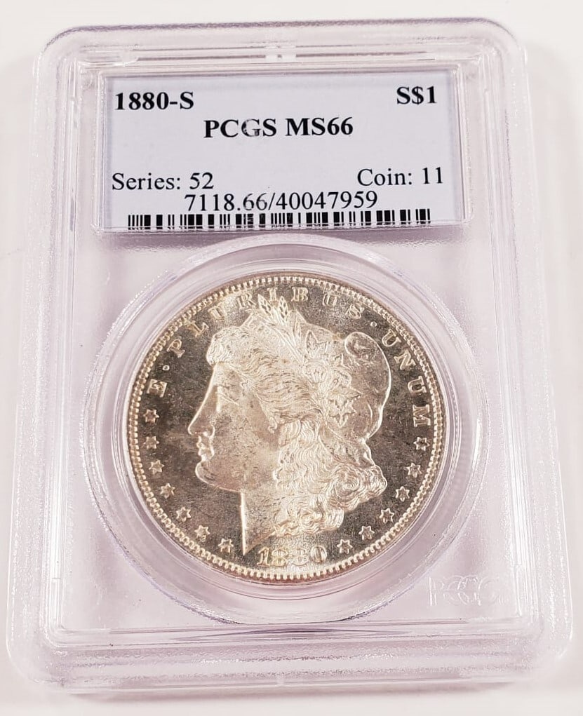 PCGS MS66 1880-S Morgan Silver Dollar $1: PCGS MS66 1880-S Morgan Silver Dollar $1 1880-S Morgan silver dollar graded MS-66 by PCGS. This uncirculated United States $1 coin is a pre-owned piece with silver composition and a fineness of 0.9. S