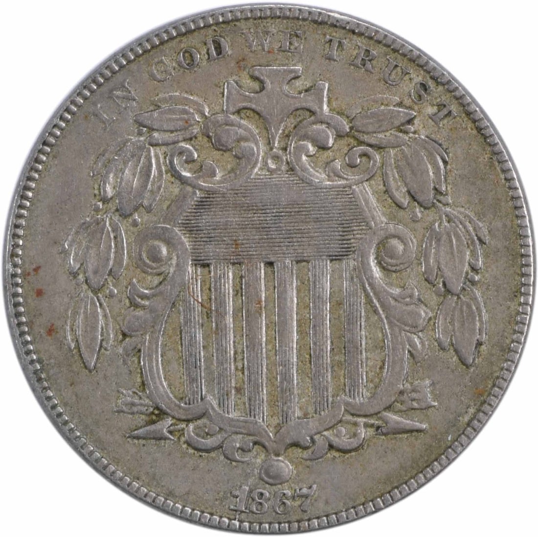 1867 5C Shield Nickel With Rays EF Uncertified: 1867 5C Shield Nickel With Rays EF Uncertified 1867 Shield nickel with rays, issued in the United States and struck at the Philadelphia Mint. This circulated 5-cent coin is listed in Choice EF conditi