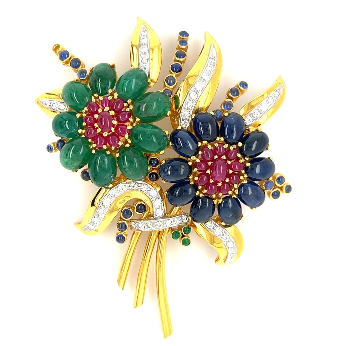 Floral 18k Yellow Gold Brooch with Emerald Sapphire Ruby Diamond 2-5/8" x 2": Floral 18k Yellow Gold Brooch with Emerald Sapphire Ruby Diamond 2-5/8" x 2" Vintage floral brooch crafted in 18k yellow gold and set with natural emeralds, sapphires, rubies, and diamonds. The design
