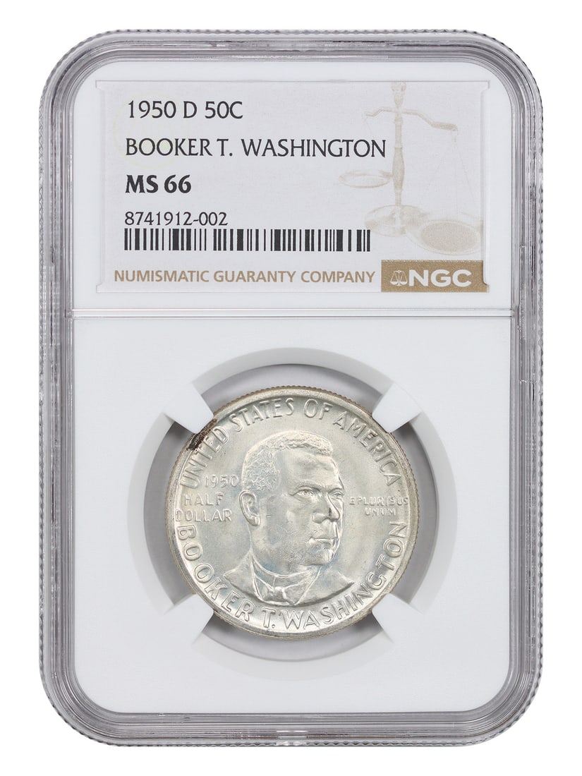 NGC MS66 1950-D Booker T Washington 50C Silver Commemorative: NGC MS66 1950-D Booker T Washington 50C Silver Commemorative 1950-D Booker T. Washington classic silver commemorative half dollar certified by NGC in MS66. This uncirculated example was issued to comm