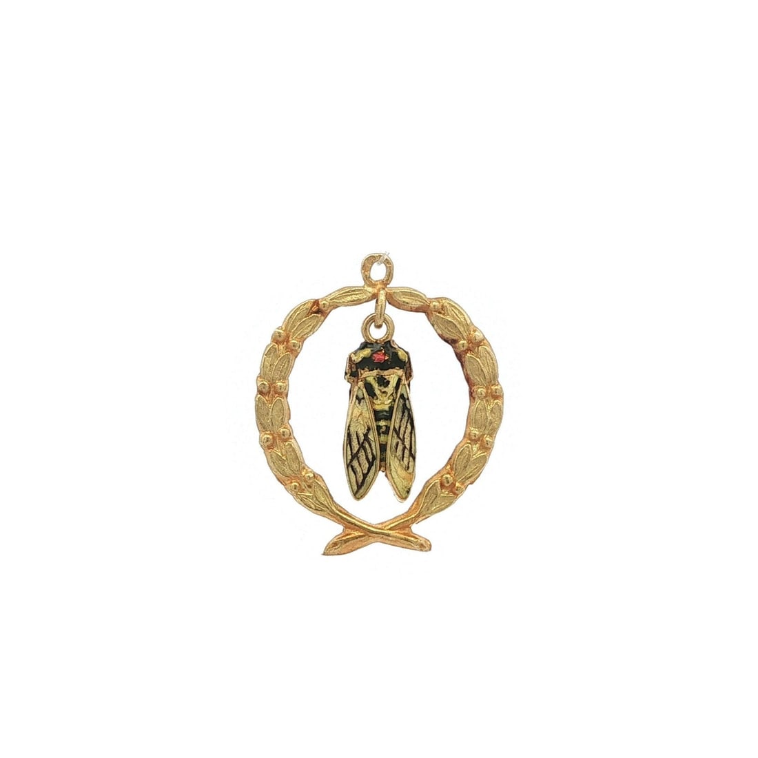 18k Yellow Gold Cicada Pendant with Laurel Wreath Enamel Accent (1 of 5)