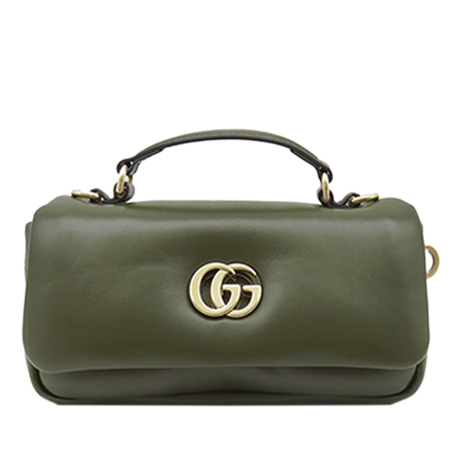 Gucci Mini GG Milano lambskin satchel with chain strap: Gucci Mini GG Milano lambskin satchel with chain strap Gucci Mini GG Milano top handle bag in green lambskin leather with a structured satchel silhouette. It features a flat leather handle, a detachab